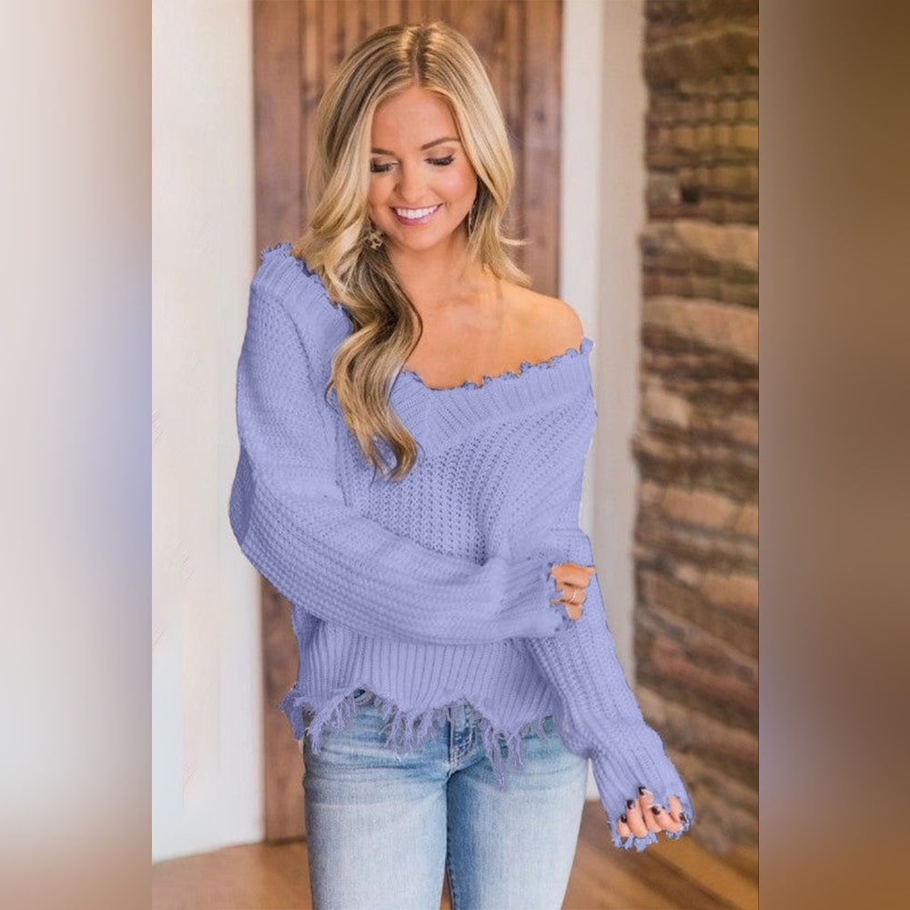 Distressed Raw Hem Off Shoulder Wide Neck Long Sleeve Waffle Knit Sweater Shirt - Picture 2 of 6